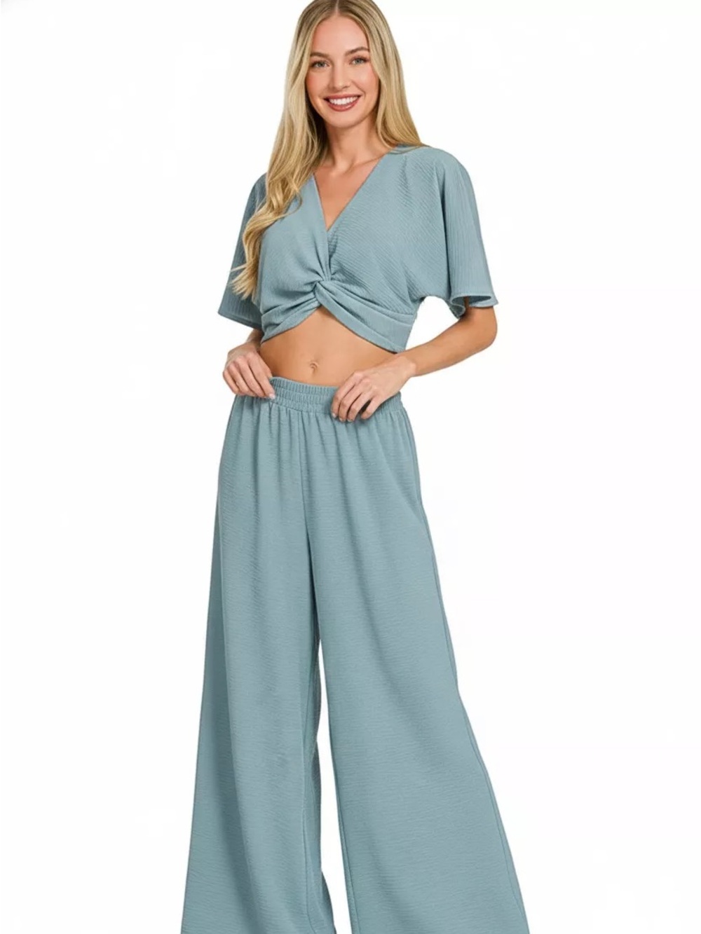 Zenana Set Dusty Blue Knot-Front Top Flowy Wide leg Pants Size S Vaca Set Summer